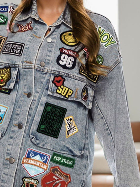 Embroidered Patch Button Up Long Sleeve Denim Jacket - 7 Semicolon Couture