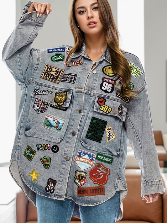 Embroidered Patch Button Up Long Sleeve Denim Jacket - 7 Semicolon Couture