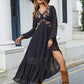 Embroidered V - Neck Long Sleeve Dress - 7 Semicolon Couture