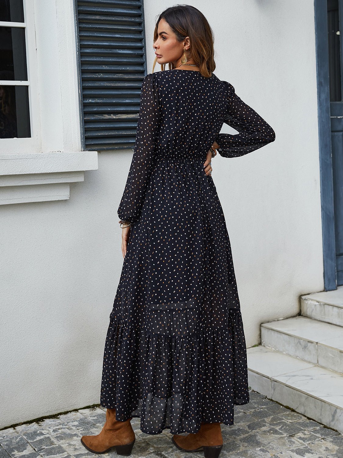 Embroidered V - Neck Long Sleeve Dress - 7 Semicolon Couture