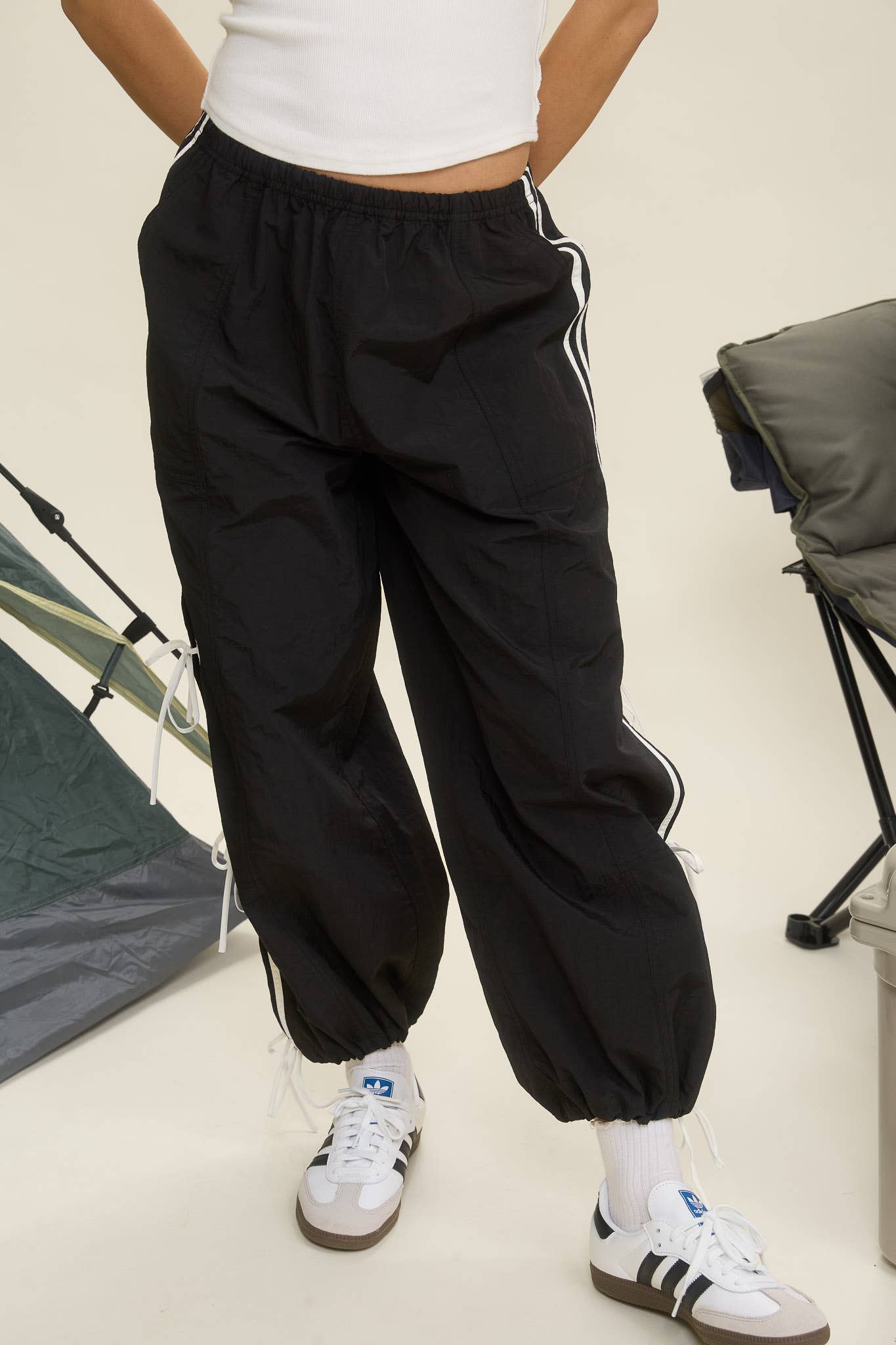 Black Side Stripe Tie Strap Track Jogger Pants