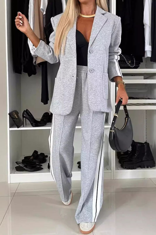 Full Size Contrast Lapel Collar Top and Pants Set - 7 Semicolon Couture