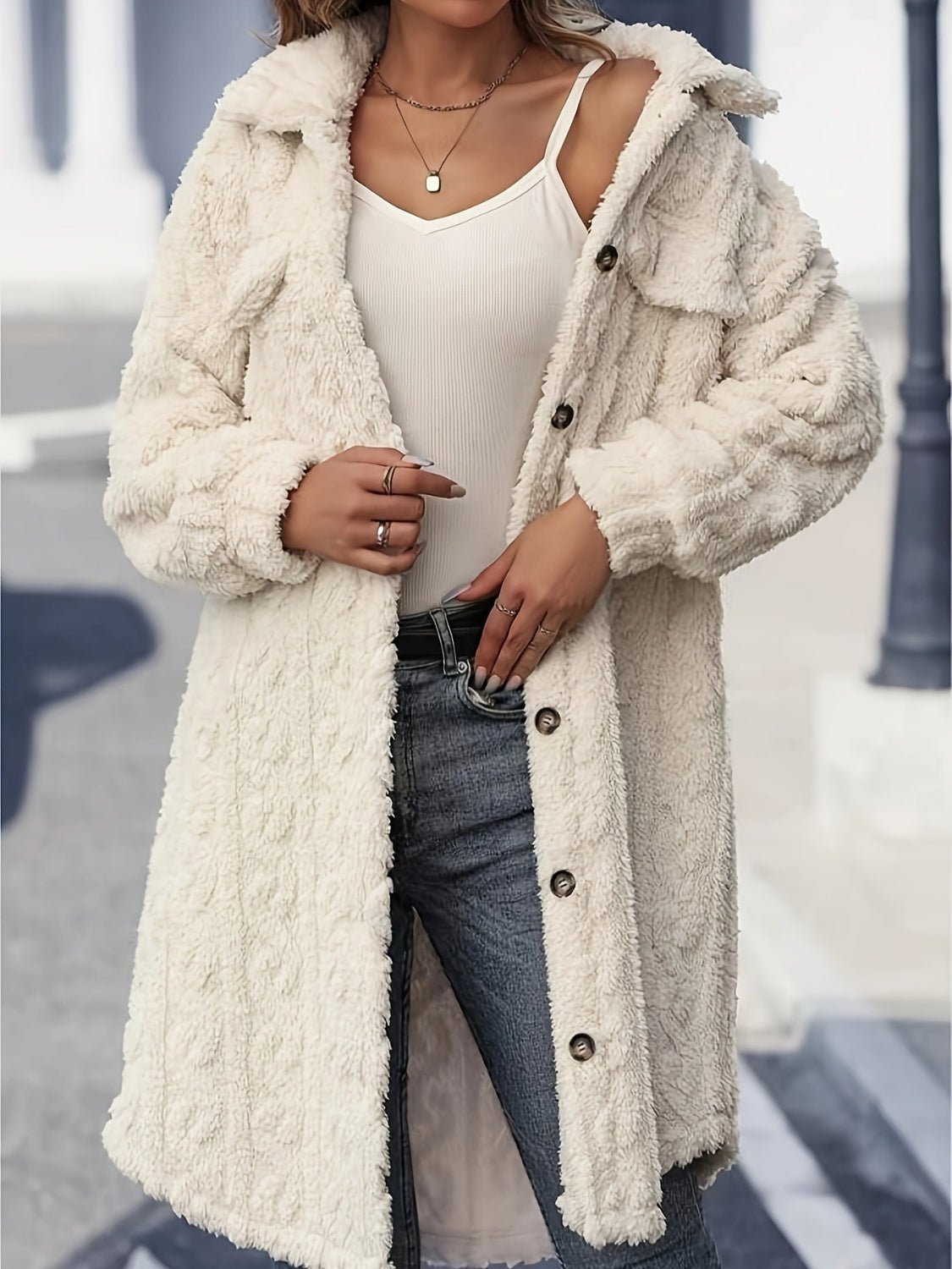 Fuzzy Button Up Long Sleeve Longline Coat - 7 Semicolon Couture