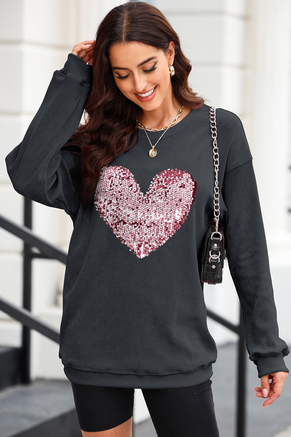 Heart Sequin Round Neck Sweatshirt - 7 Semicolon Couture