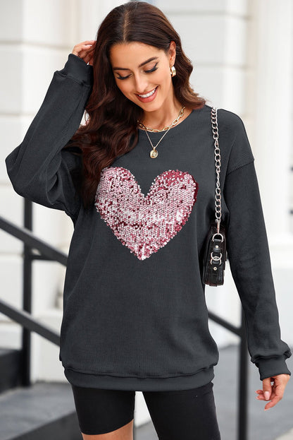 Heart Sequin Round Neck Sweatshirt - 7 Semicolon Couture