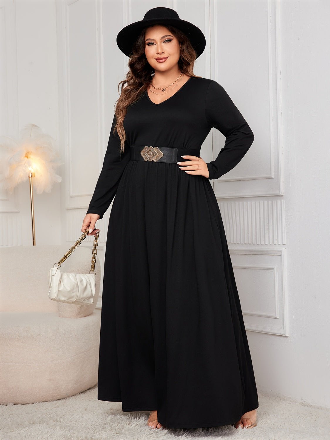 Honey Plus Size Cutout V - Neck Long Sleeve Maxi Dress - 7 Semicolon Couture