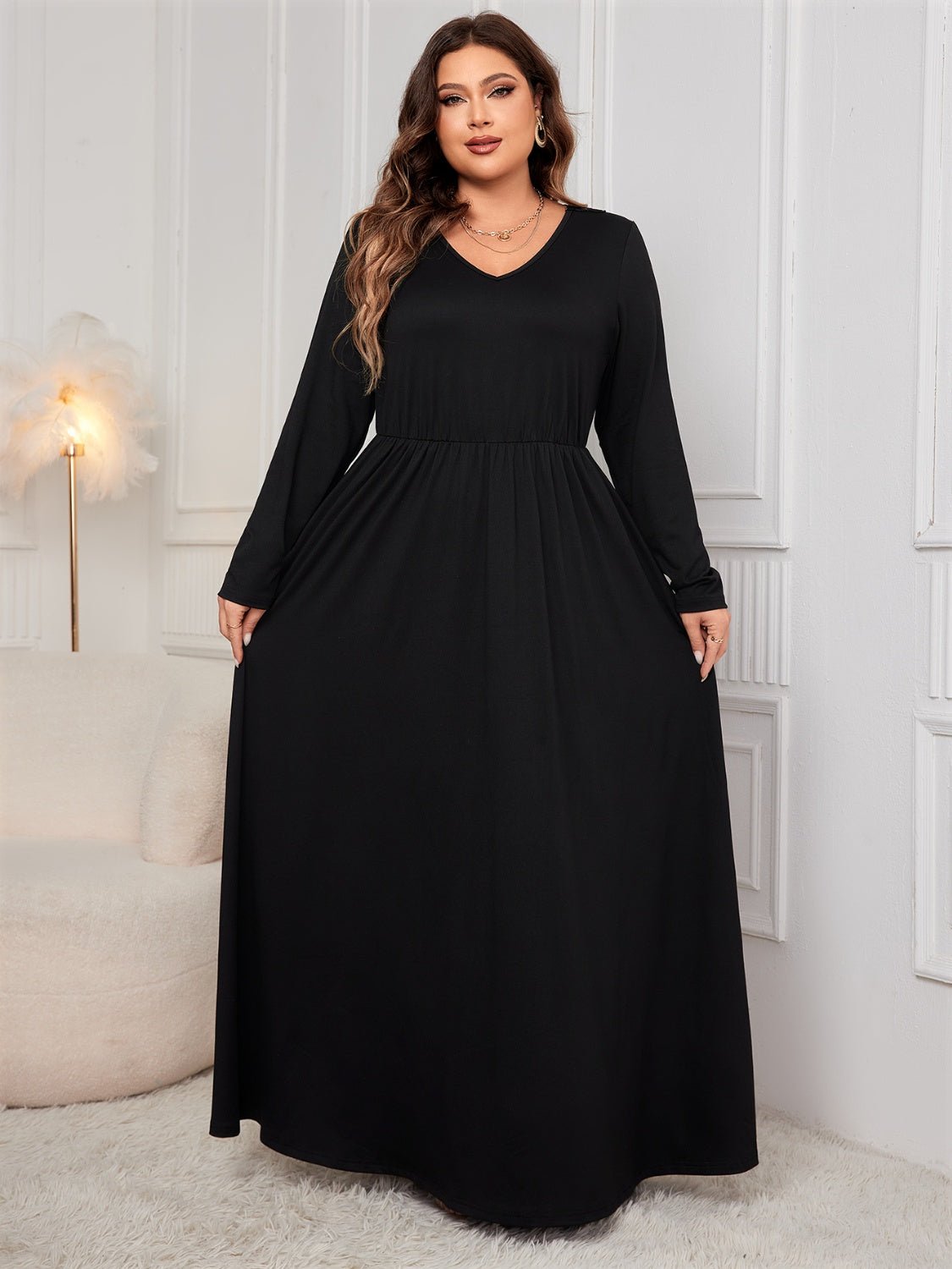 Honey Plus Size Cutout V - Neck Long Sleeve Maxi Dress - 7 Semicolon Couture