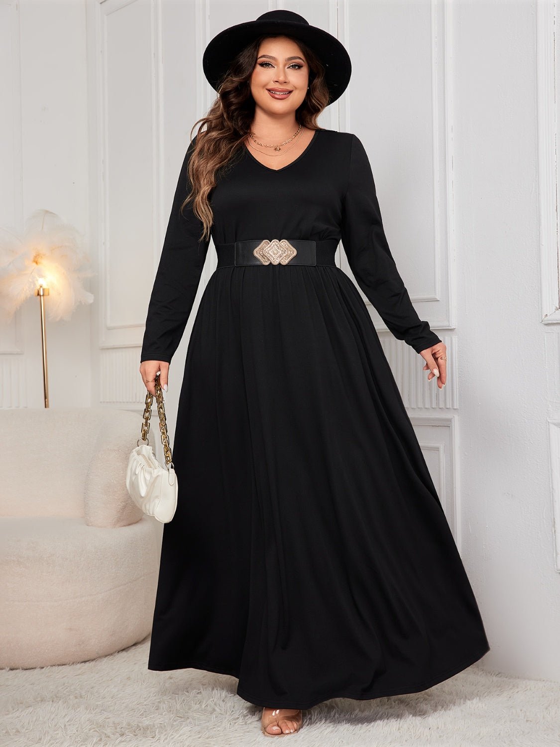 Honey Plus Size Cutout V - Neck Long Sleeve Maxi Dress - 7 Semicolon Couture