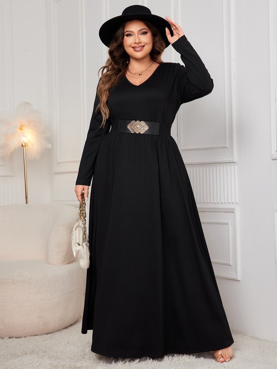 Honey Plus Size Cutout V - Neck Long Sleeve Maxi Dress - 7 Semicolon Couture