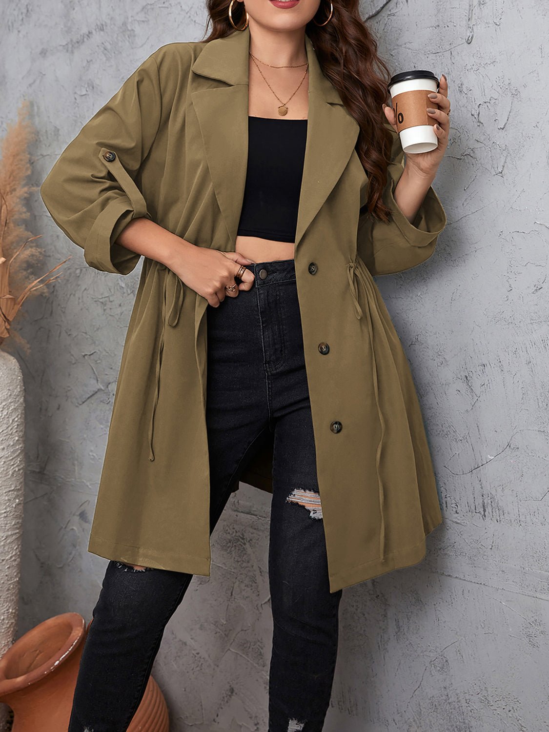 Honey Plus Size Lapel Collar Drawstring Roll - Tab Sleeve Trench Coat - 7 Semicolon Couture