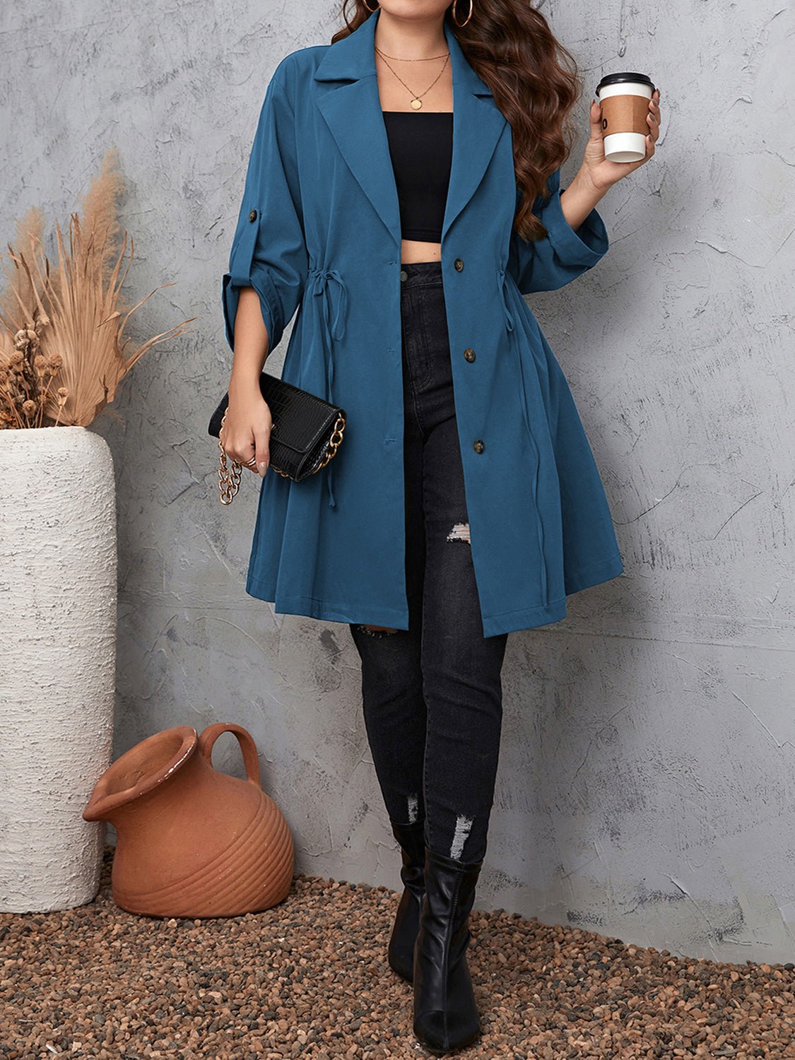 Honey Plus Size Lapel Collar Drawstring Roll - Tab Sleeve Trench Coat - 7 Semicolon Couture