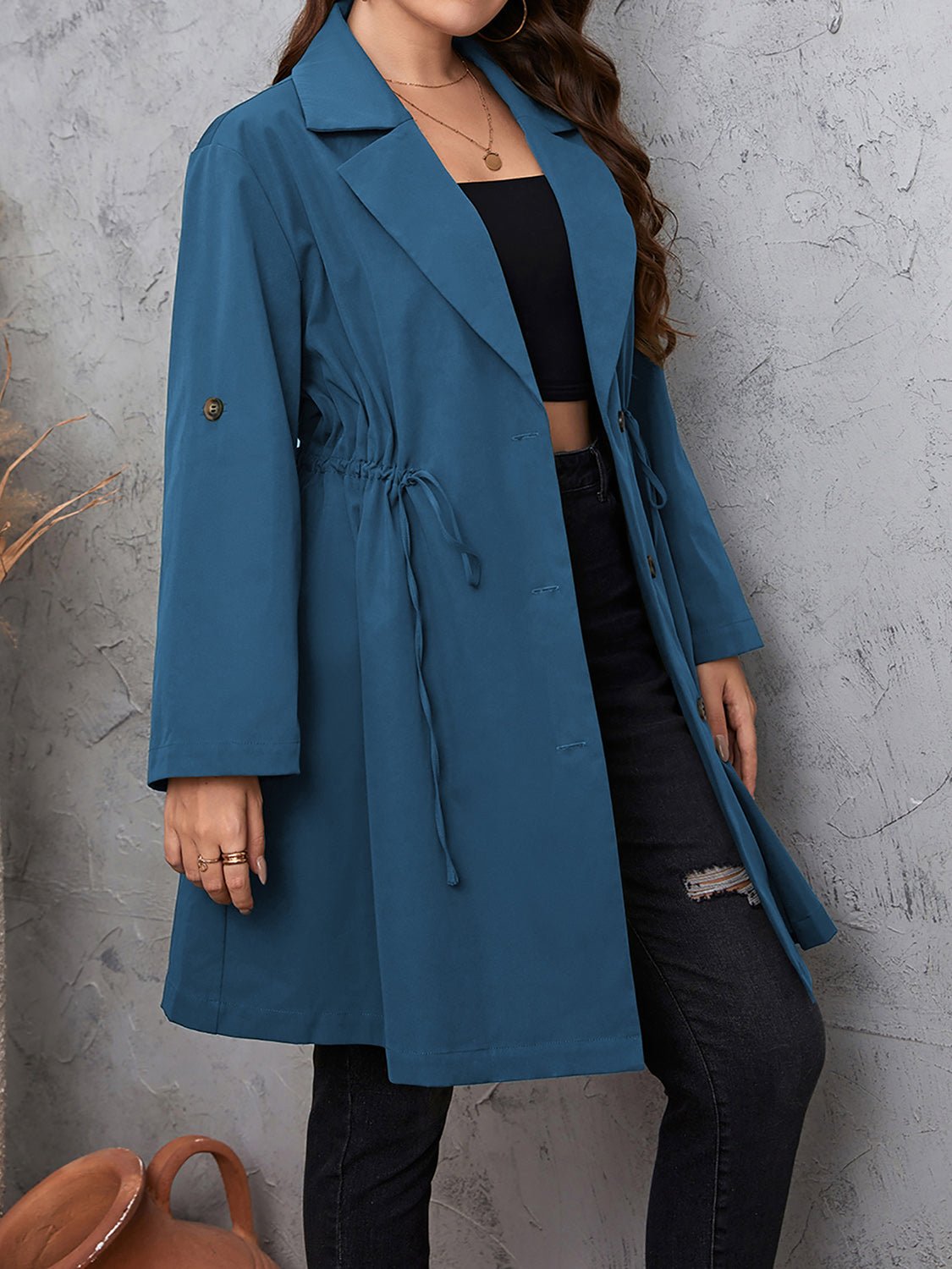 Honey Plus Size Lapel Collar Drawstring Roll - Tab Sleeve Trench Coat - 7 Semicolon Couture