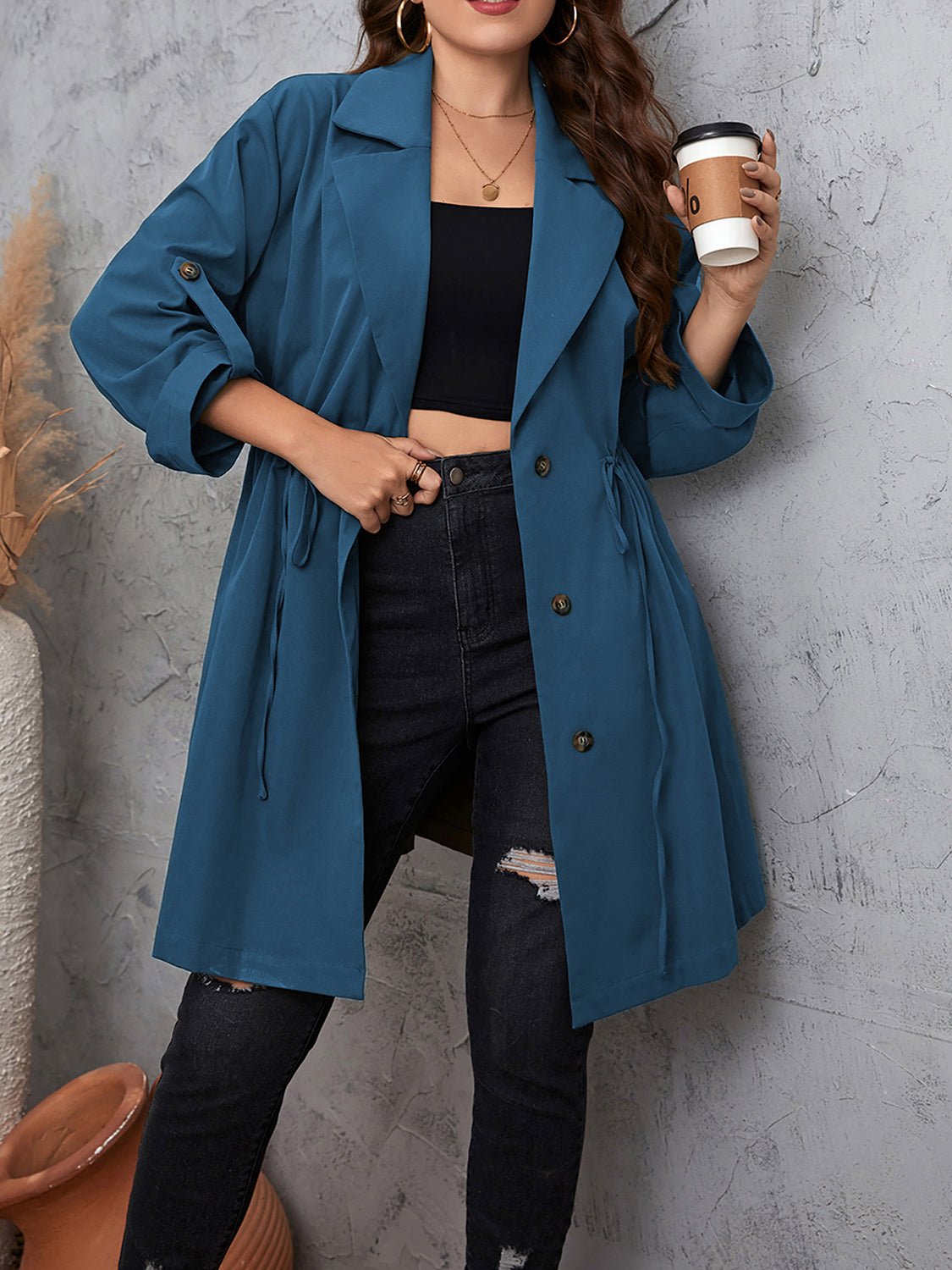 Honey Plus Size Lapel Collar Drawstring Roll - Tab Sleeve Trench Coat - 7 Semicolon Couture