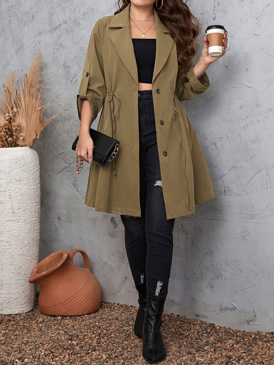 Honey Plus Size Lapel Collar Drawstring Roll - Tab Sleeve Trench Coat - 7 Semicolon Couture