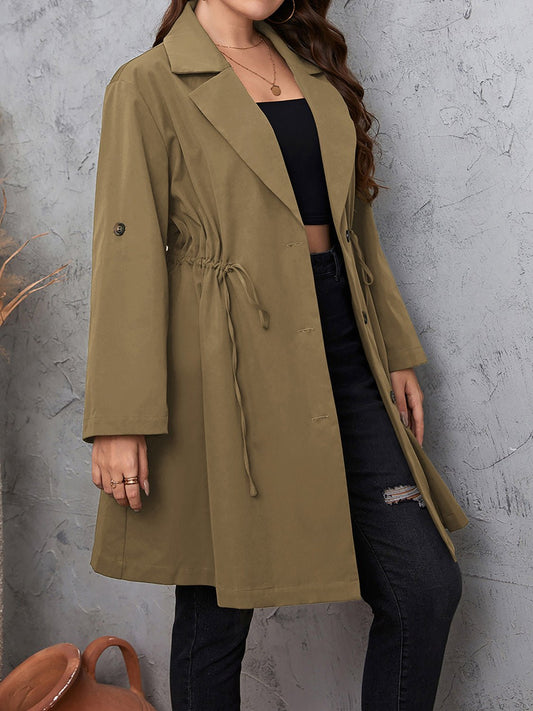 Honey Plus Size Lapel Collar Drawstring Roll - Tab Sleeve Trench Coat - 7 Semicolon Couture