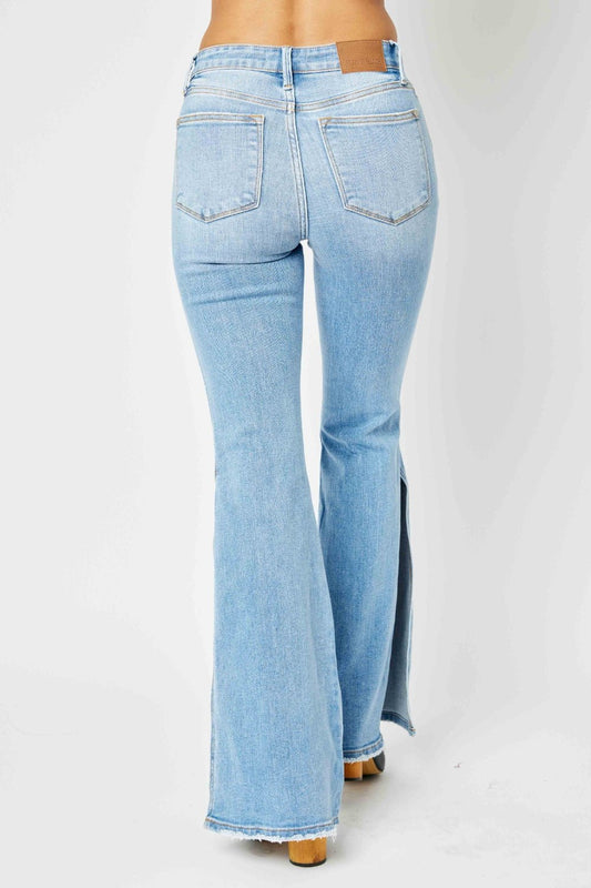 Judy Blue Full Size Mid Rise Raw Hem Slit Flare Jeans - 7 Semicolon Couture