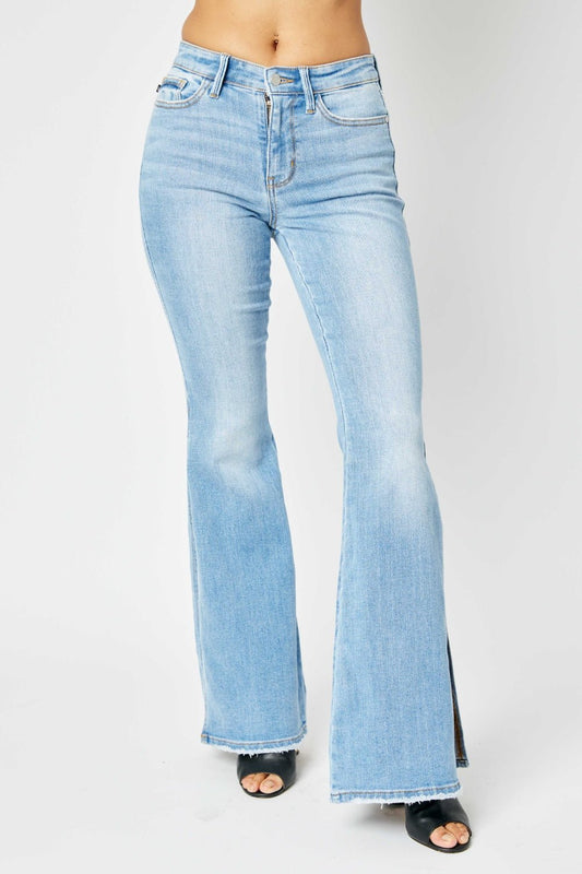 Judy Blue Full Size Mid Rise Raw Hem Slit Flare Jeans - 7 Semicolon Couture