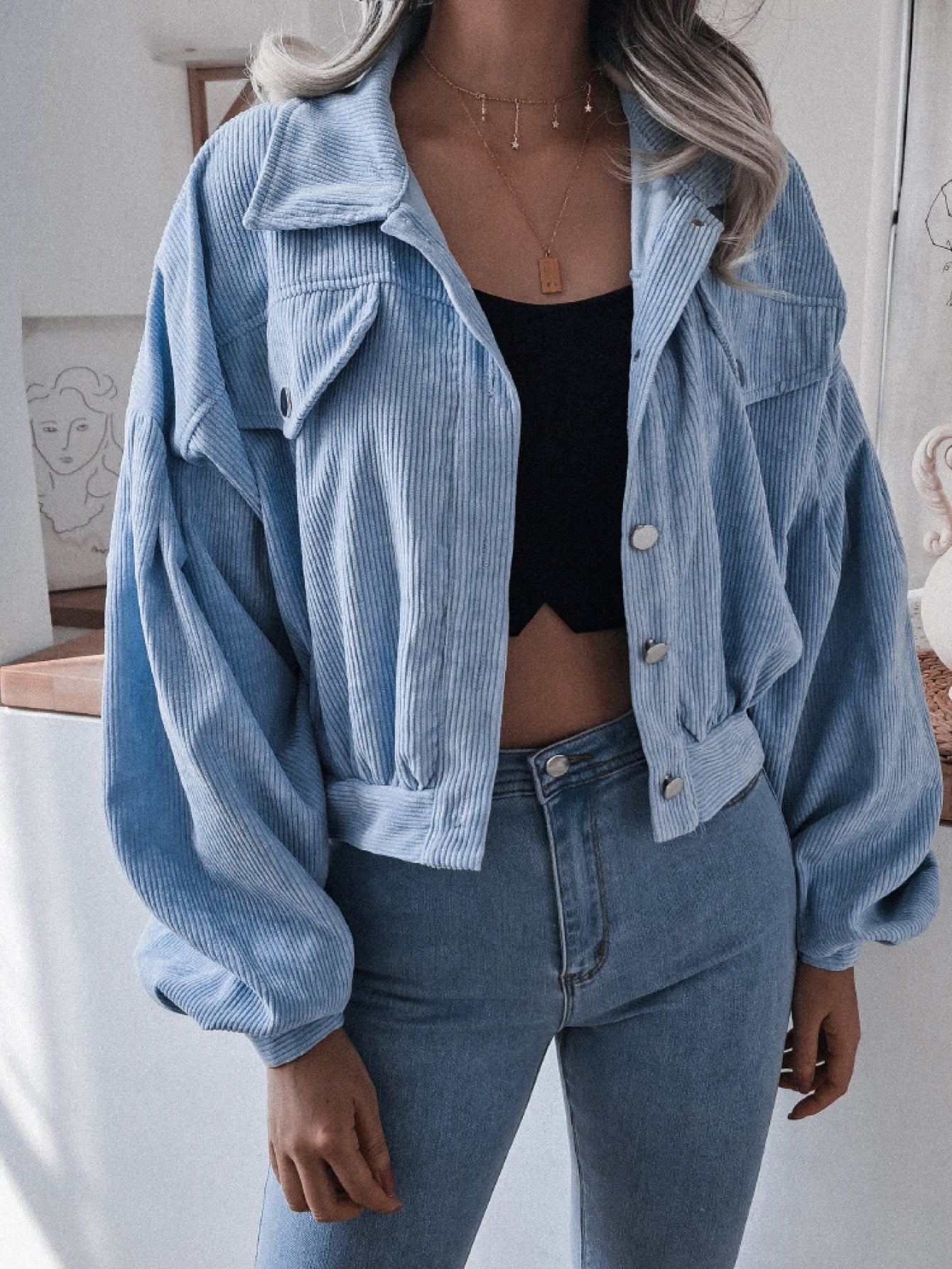 Lantern Sleeve Cropped Corduroy Jacket - 7 Semicolon Couture