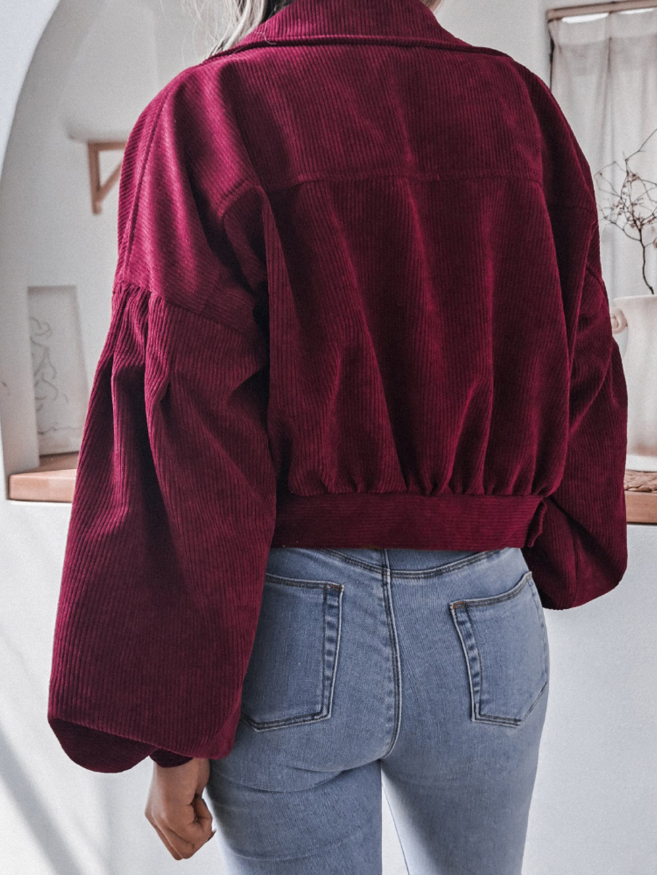 Lantern Sleeve Cropped Corduroy Jacket - 7 Semicolon Couture