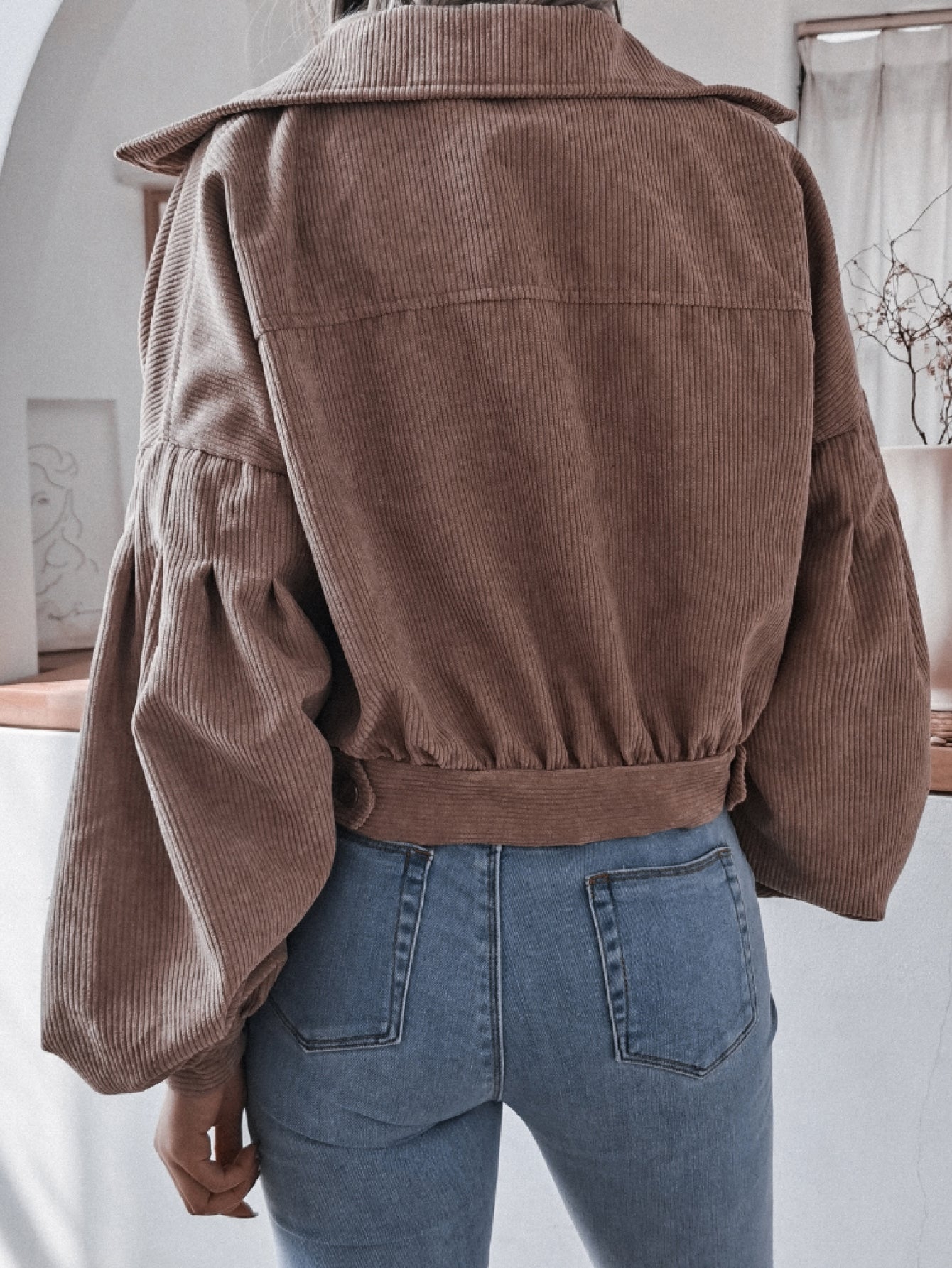 Lantern Sleeve Cropped Corduroy Jacket - 7 Semicolon Couture