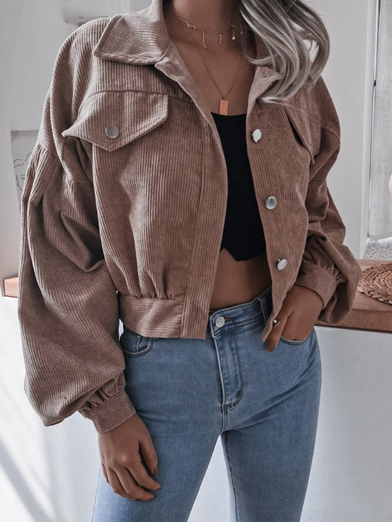 Lantern Sleeve Cropped Corduroy Jacket - 7 Semicolon Couture