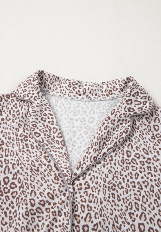 Leopard Button Down Long Sleeve Top and Pants Lounge Set - 7 Semicolon Couture