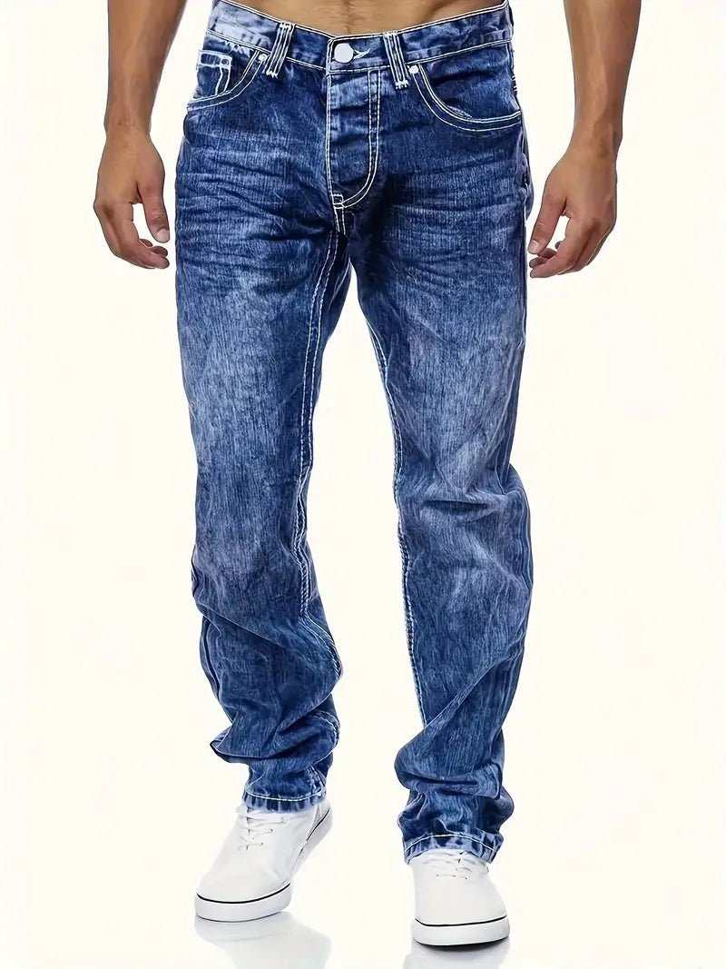 Men's Straight Leg Distressed Jeans - Dark Blue - 7 Semicolon Couture