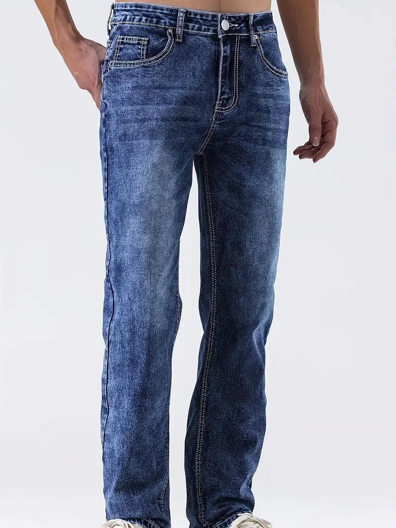 Men's Straight Leg Distressed Jeans - Dark Blue - 7 Semicolon Couture