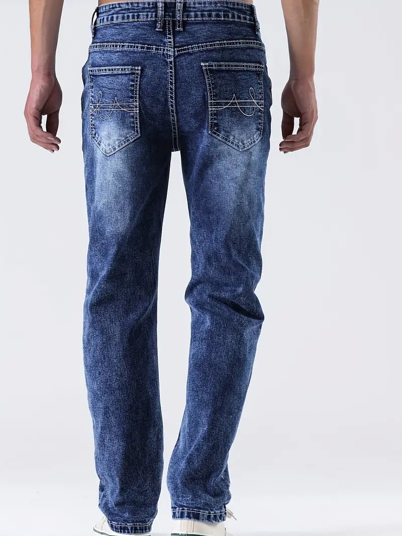 Men's Straight Leg Distressed Jeans - Dark Blue - 7 Semicolon Couture