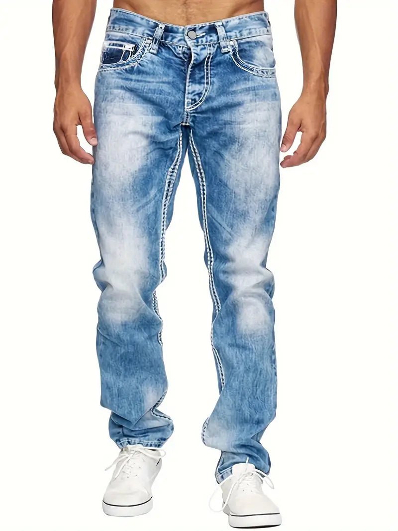 Men's Straight Leg Distressed Jeans - Light Blue - 7 Semicolon Couture