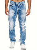 Men's Straight Leg Distressed Jeans - Light Blue - 7 Semicolon Couture