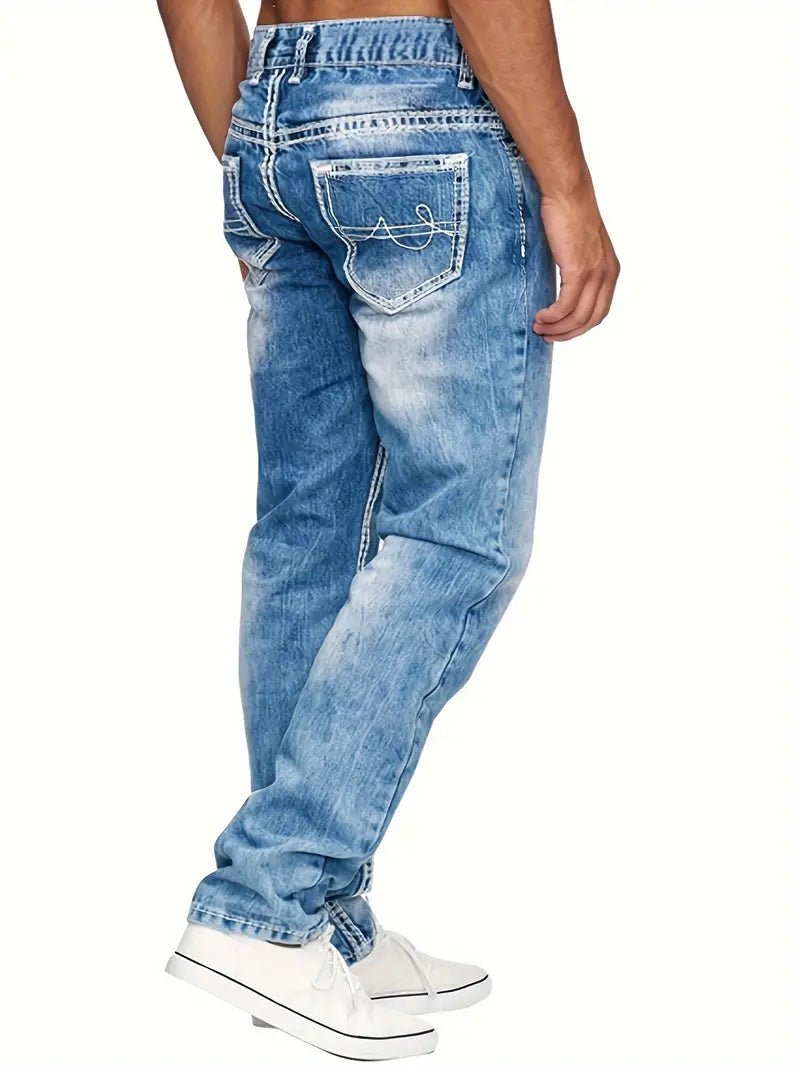 Men's Straight Leg Distressed Jeans - Light Blue - 7 Semicolon Couture