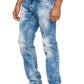 Men's Straight Leg Distressed Jeans - Light Blue - 7 Semicolon Couture