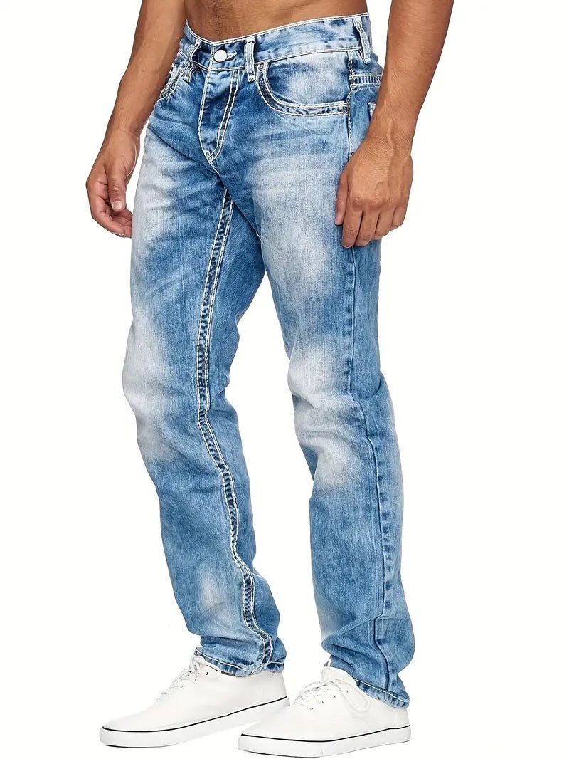 Men's Straight Leg Distressed Jeans - Light Blue - 7 Semicolon Couture