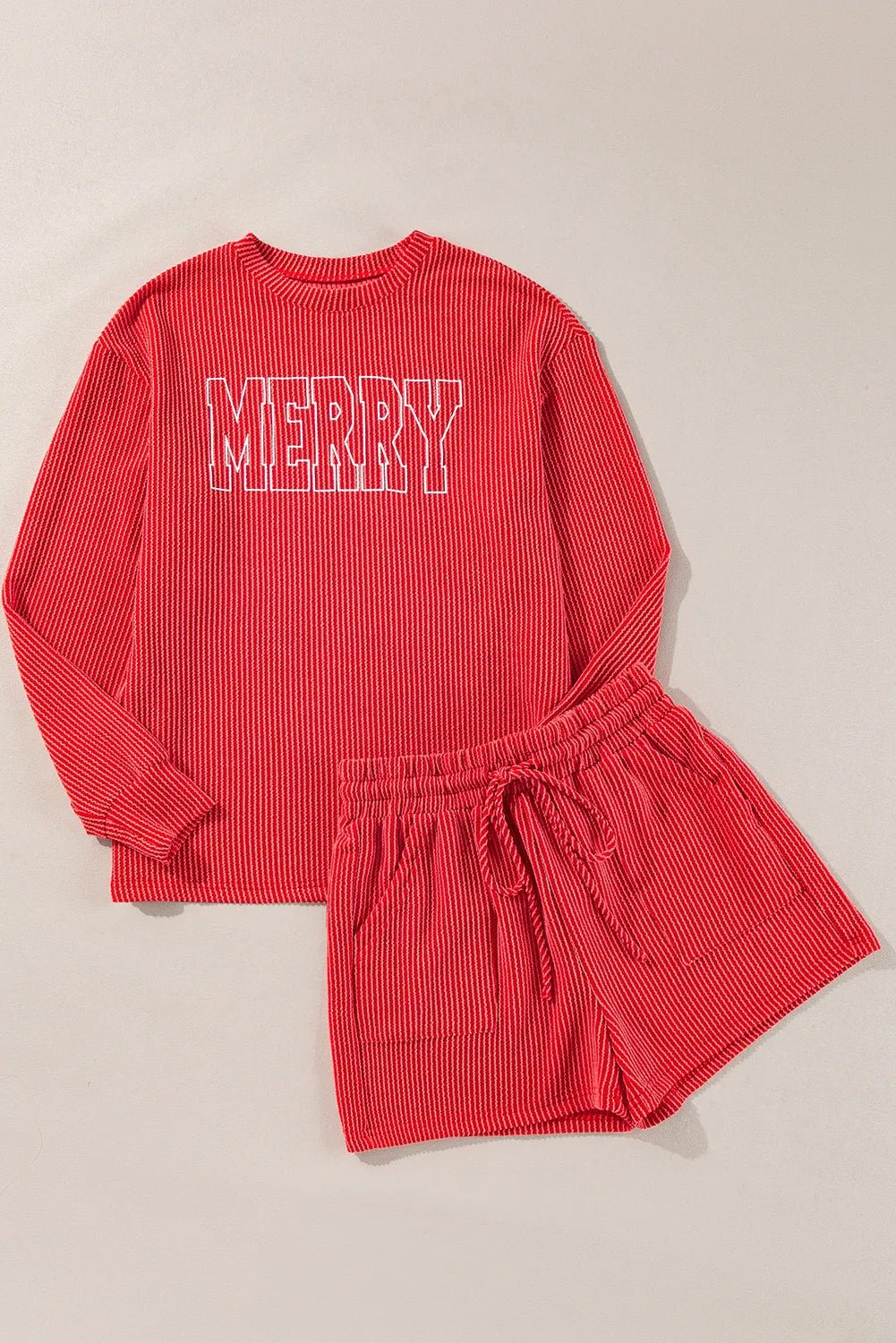 MERRY Round Neck Long Sleeve Top and Shorts Lounge Set - 7 Semicolon Couture