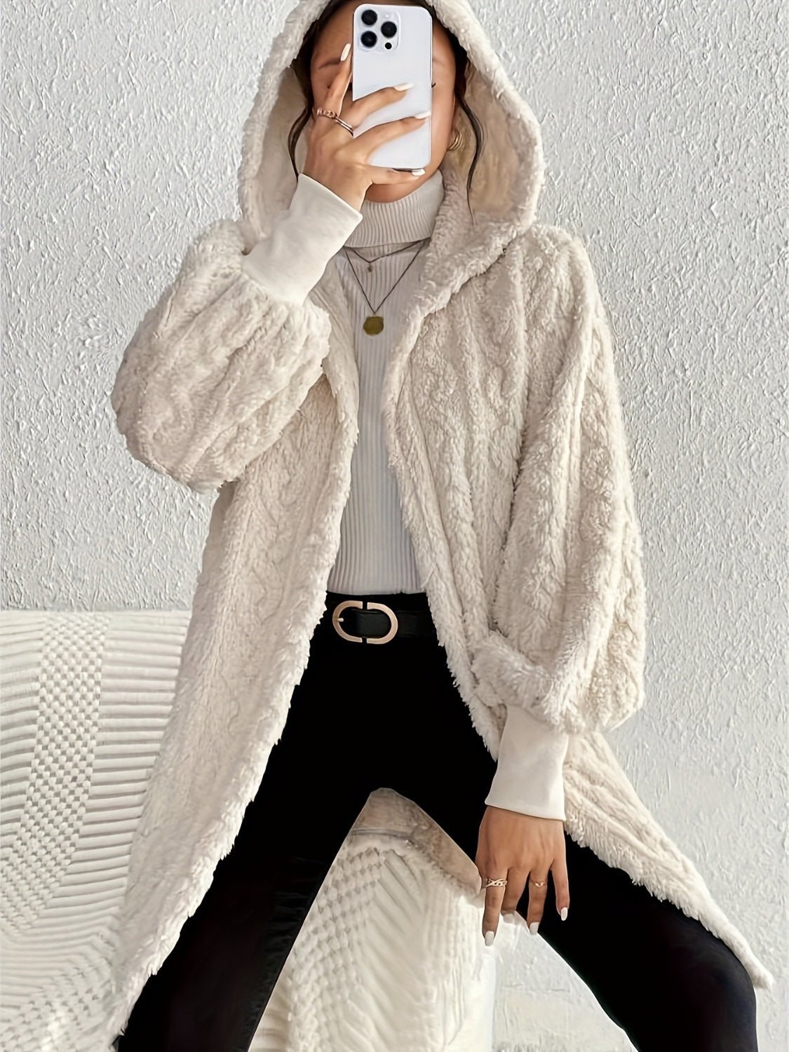 Open Front Long Sleeve Fuzzy Hooded Jacket - 7 Semicolon Couture