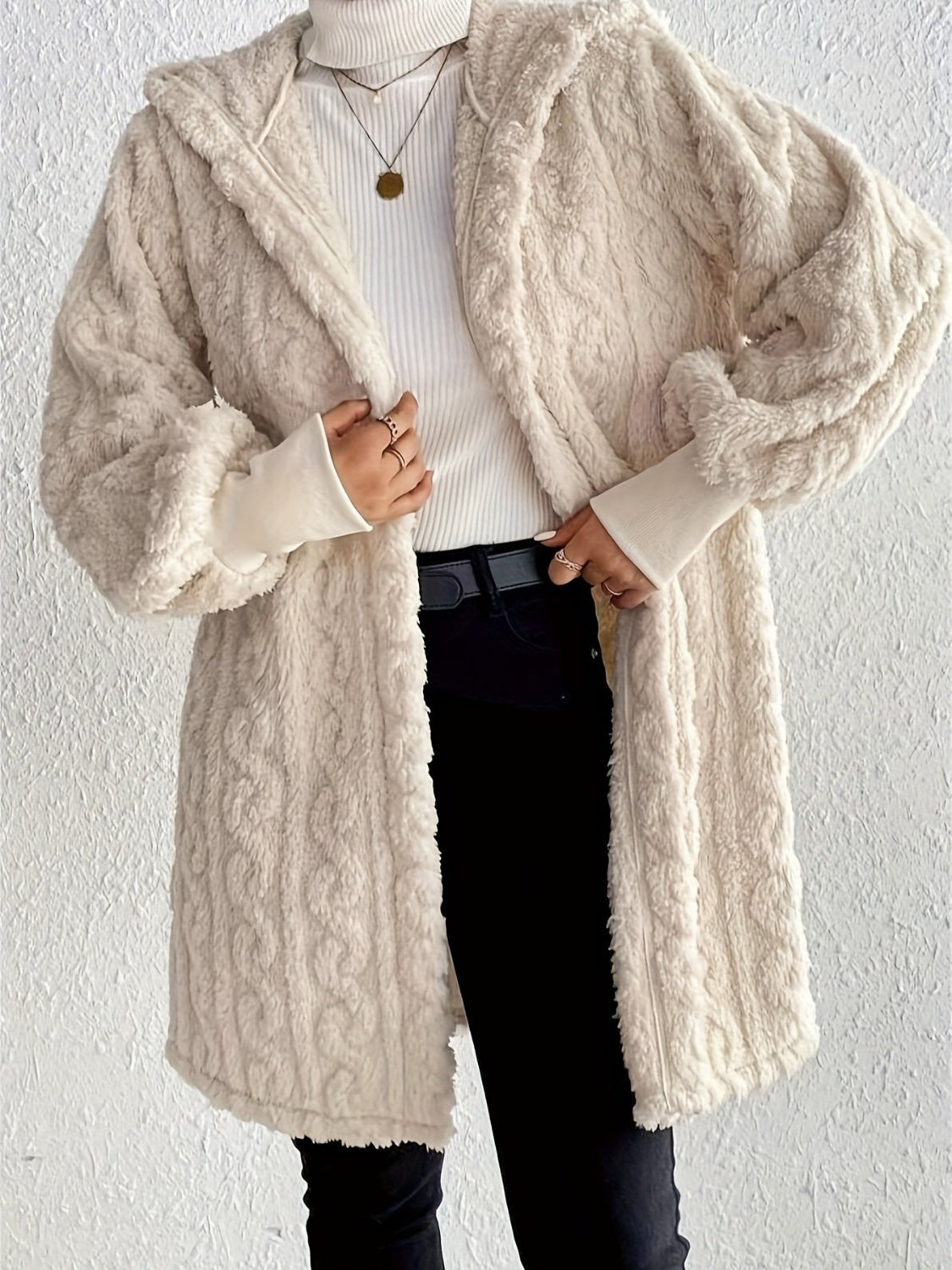 Open Front Long Sleeve Fuzzy Hooded Jacket - 7 Semicolon Couture