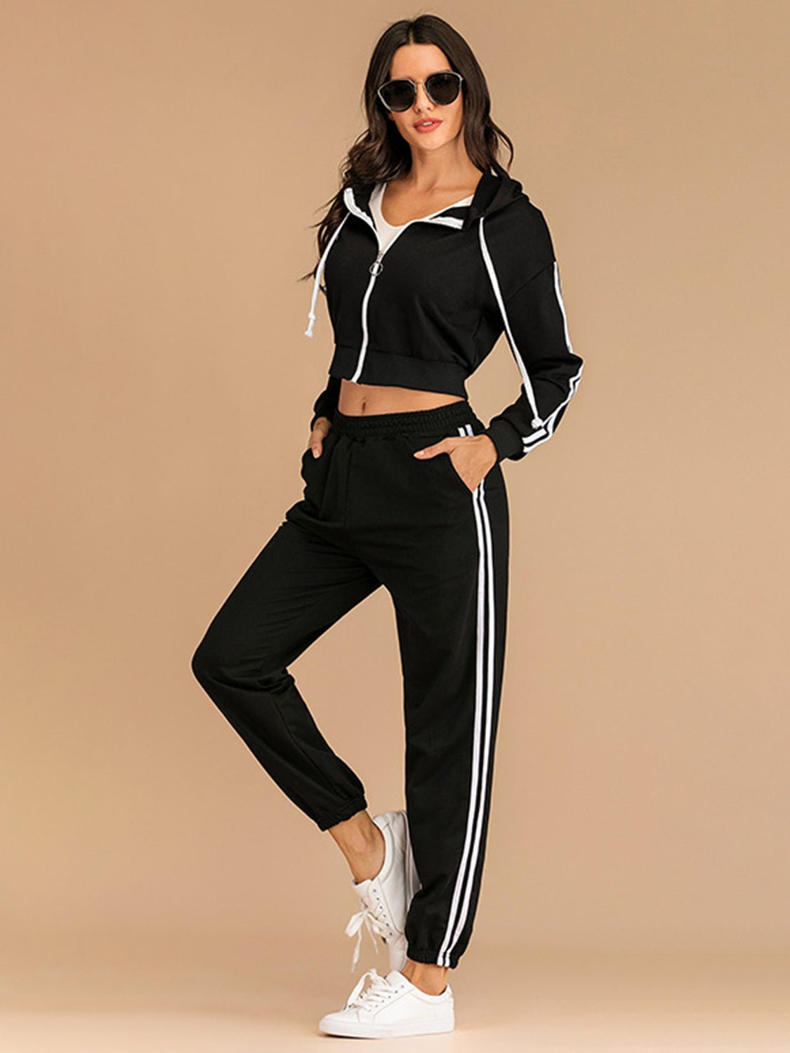 Perfee Drawstring Side Stripe Zip Up Hooded Top and Pants Set - 7 Semicolon Couture