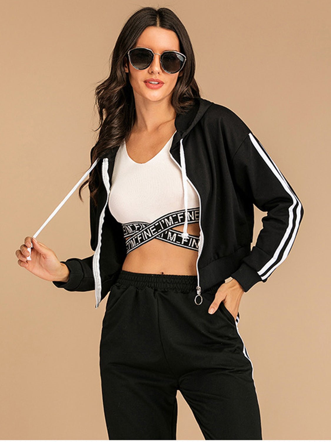 Perfee Drawstring Side Stripe Zip Up Hooded Top and Pants Set - 7 Semicolon Couture