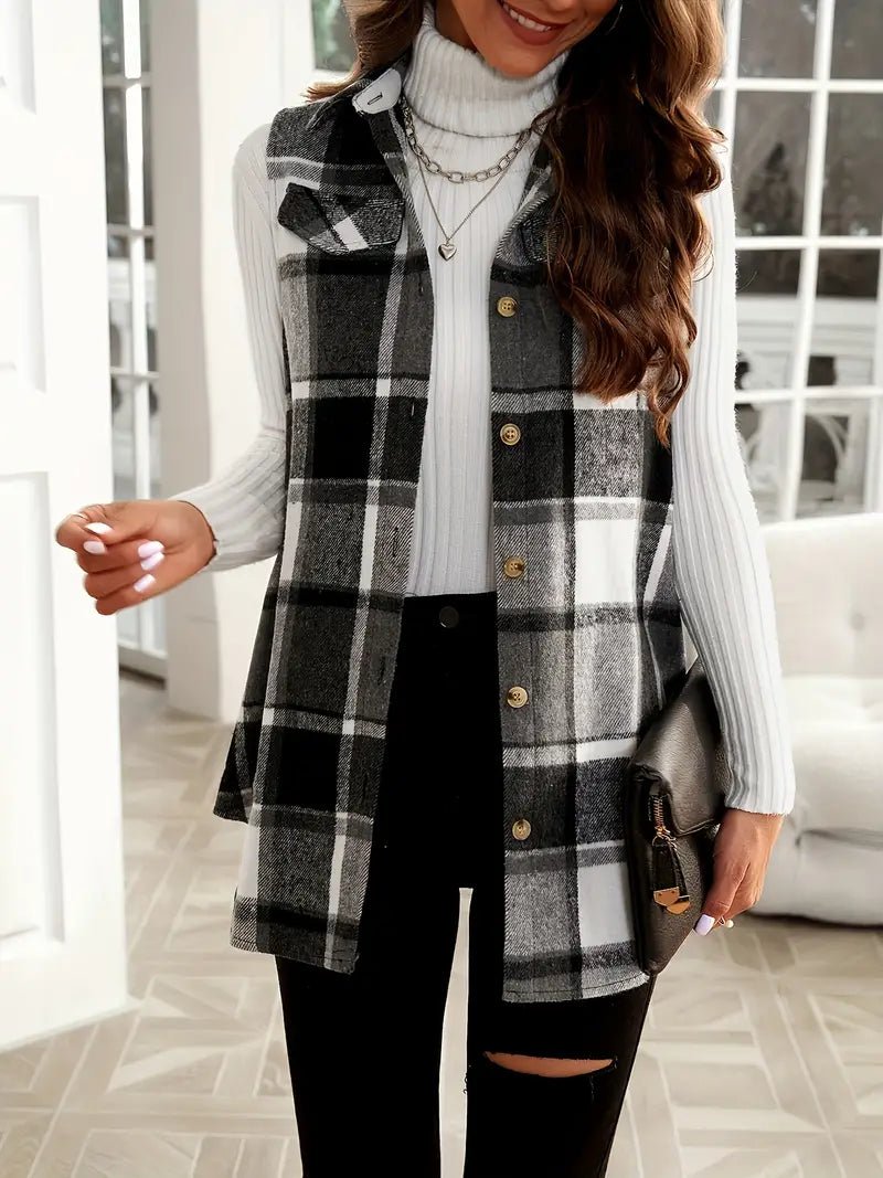 Plaid Print Vest Jacket - 7 Semicolon Couture