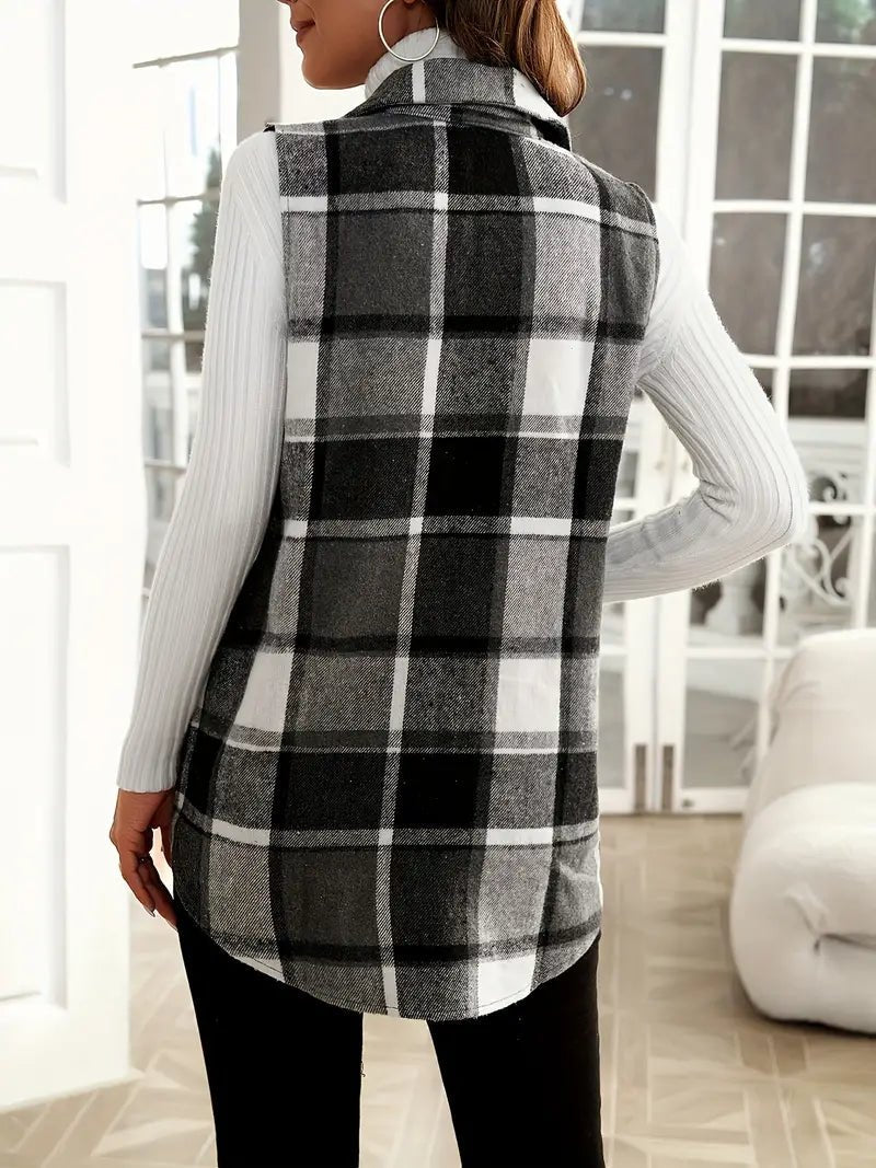 Plaid Print Vest Jacket - 7 Semicolon Couture