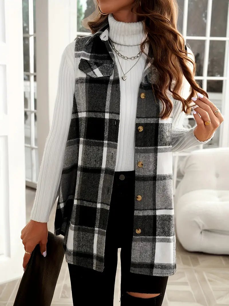 Plaid Print Vest Jacket - 7 Semicolon Couture