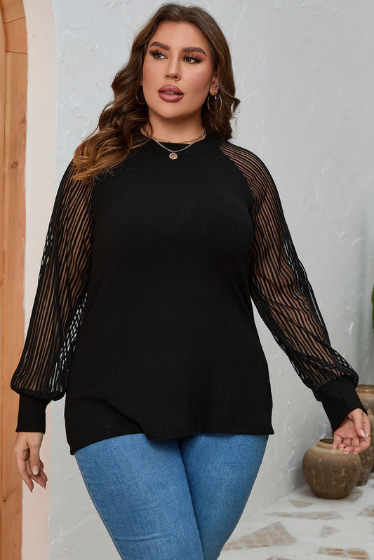 Plus Size Round Neck Long Sleeve Blouse - 7 Semicolon Couture