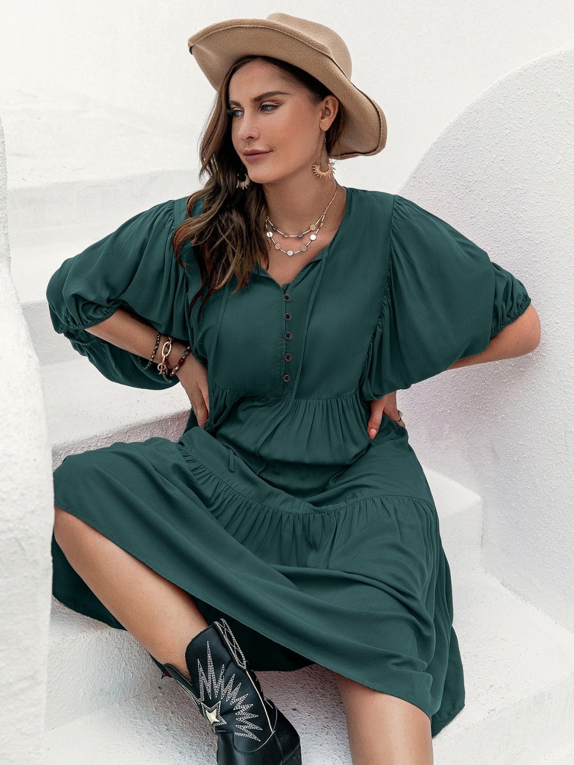 Plus Size Tie Neck Balloon Sleeve Midi Dress - 7 Semicolon Couture