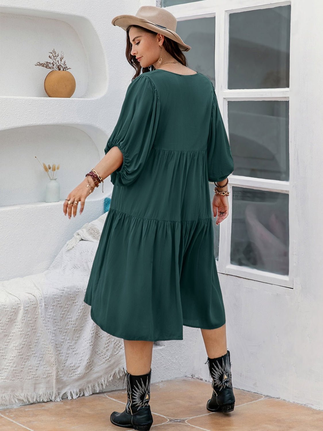 Plus Size Tie Neck Balloon Sleeve Midi Dress - 7 Semicolon Couture