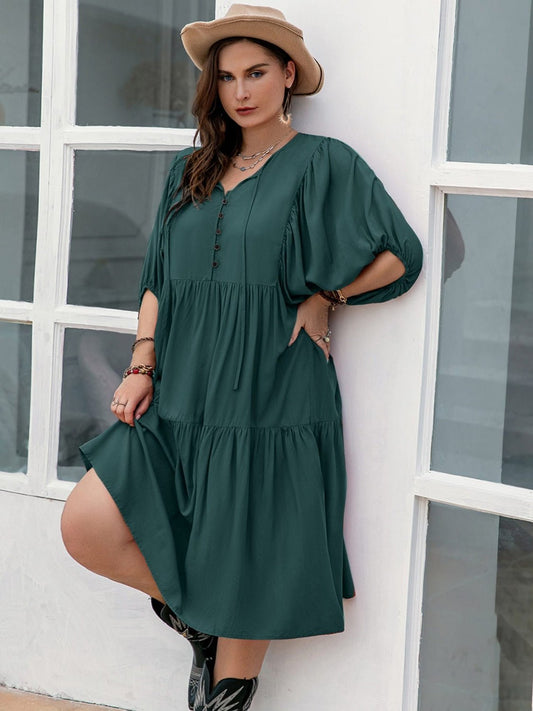 Plus Size Tie Neck Balloon Sleeve Midi Dress - 7 Semicolon Couture