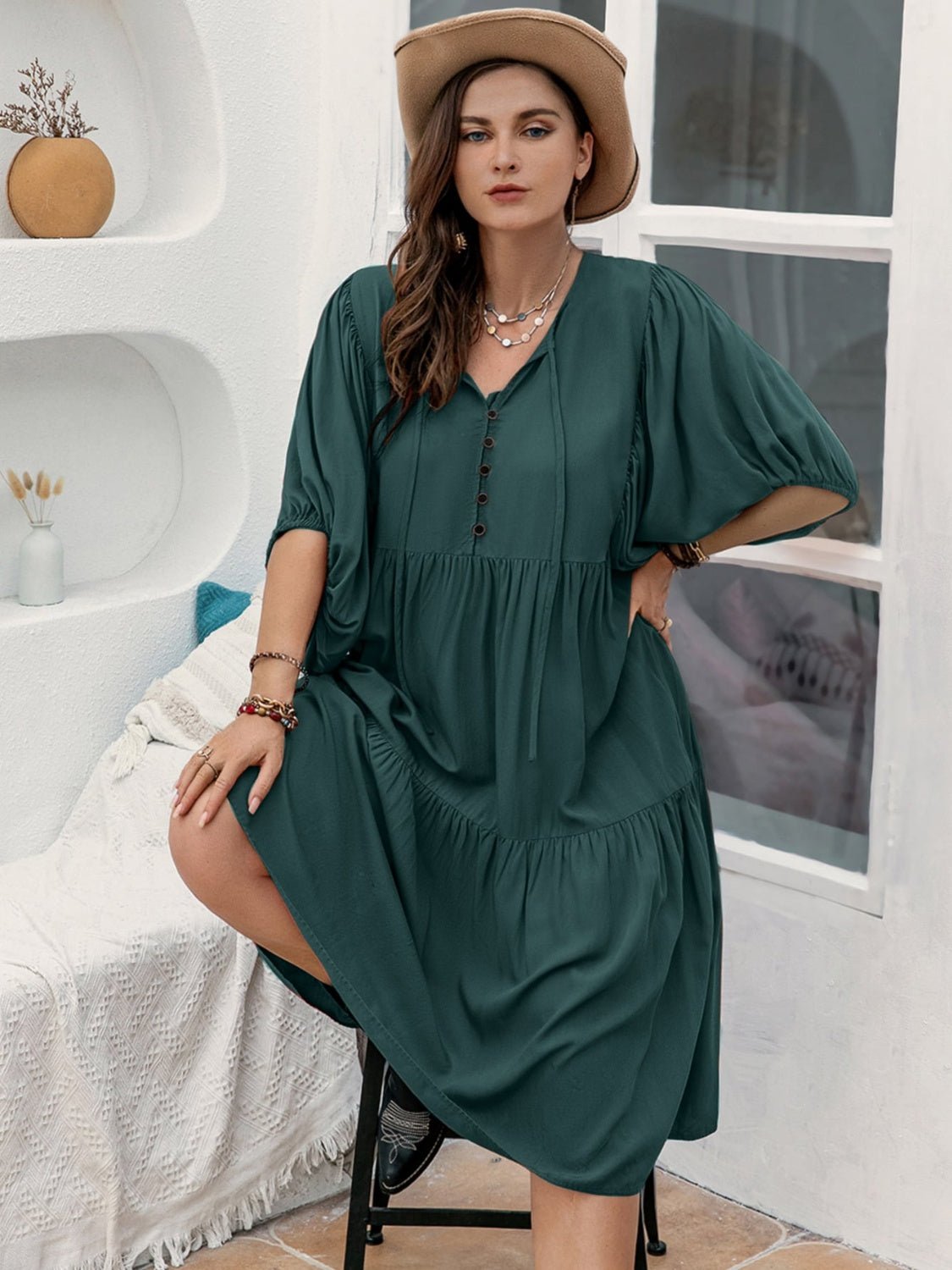 Plus Size Tie Neck Balloon Sleeve Midi Dress - 7 Semicolon Couture