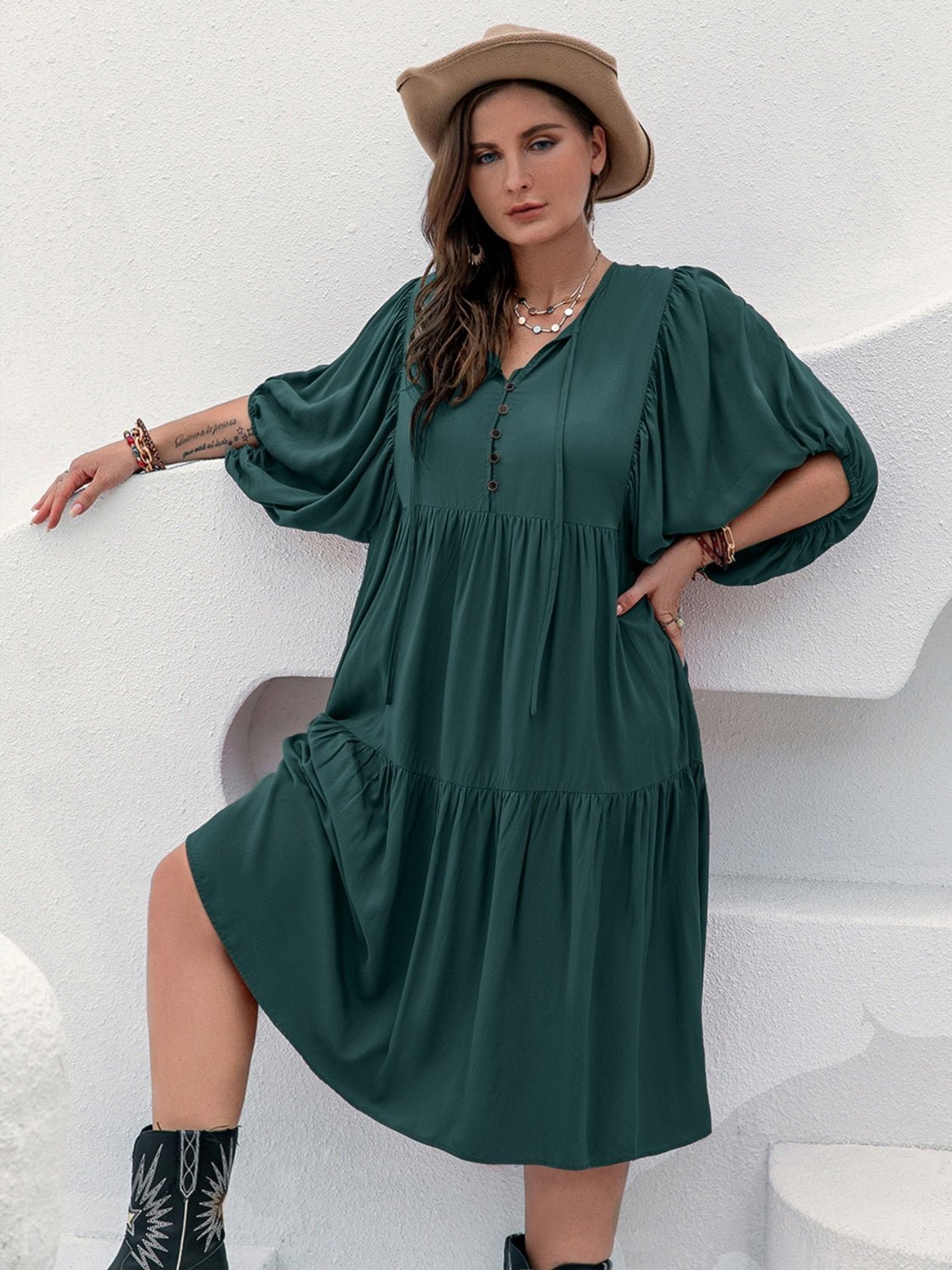 Plus Size Tie Neck Balloon Sleeve Midi Dress - 7 Semicolon Couture