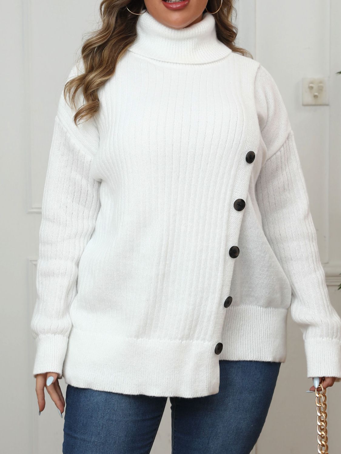 Plus Size Turtleneck Long Sleeve Sweater - 7 Semicolon Couture