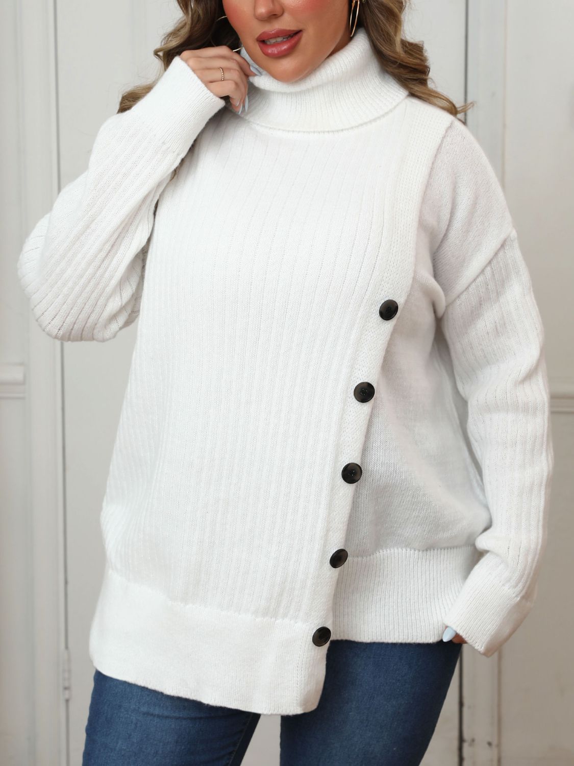 Plus Size Turtleneck Long Sleeve Sweater - 7 Semicolon Couture